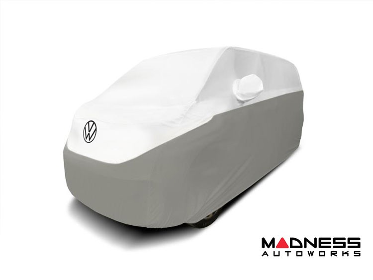 Volkswagen ID. Buzz Custom Fit Vehicle Cover - Satin Stretch - White And Metallic Gray + Rear Passenger Charger Port Flap