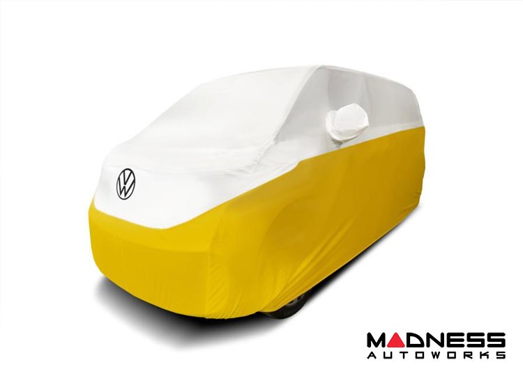 Volkswagen ID. Buzz Custom Fit Vehicle Cover - Satin Stretch - White And Velocity Yellow + Rear Passenger Charger Port Flap